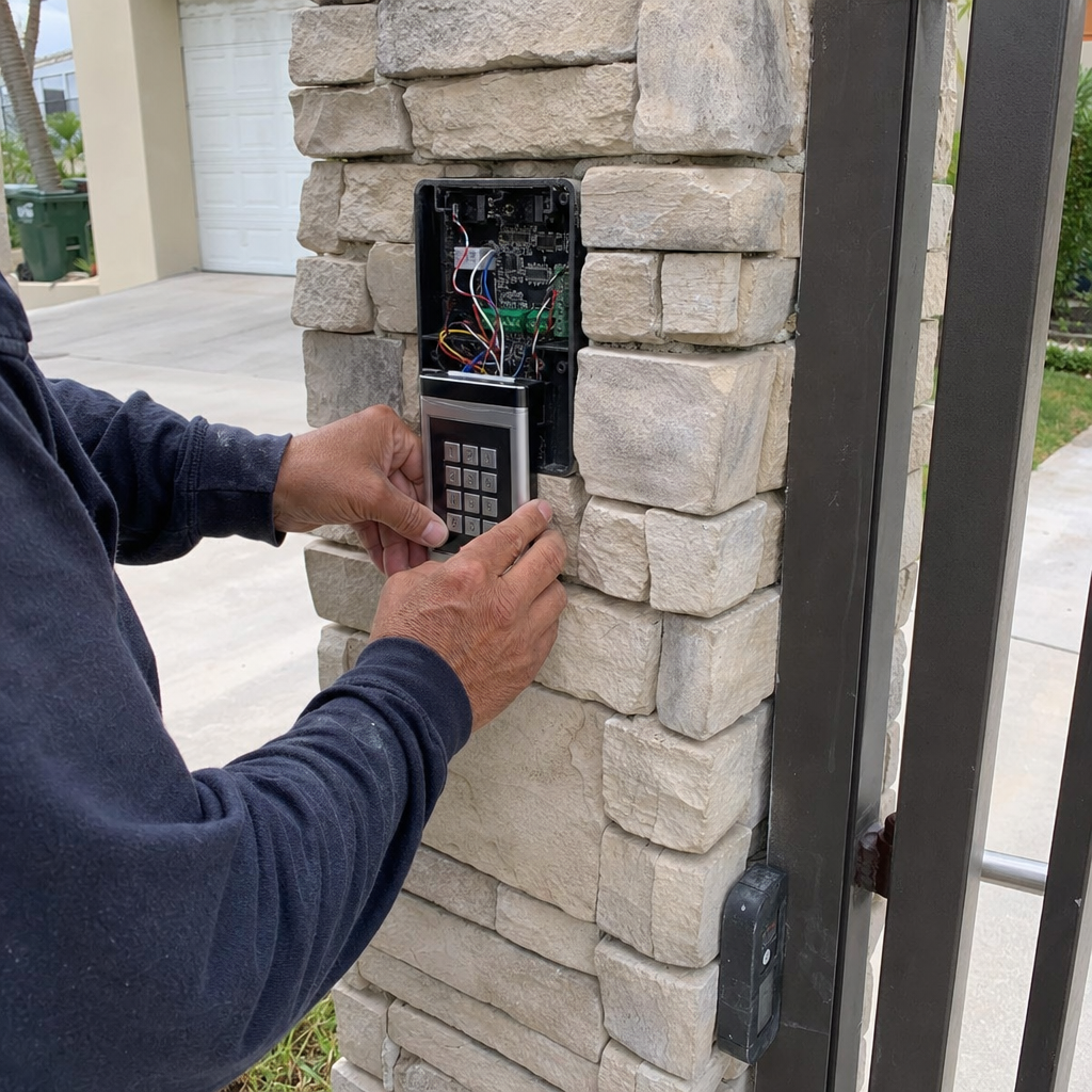 Technician installing a gate keypad access control system on a stone pillar