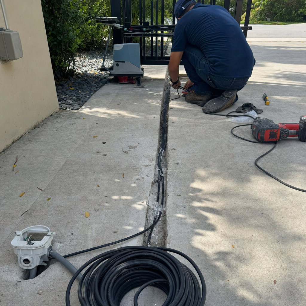 Technician performing automatic gate access control wiring repair
