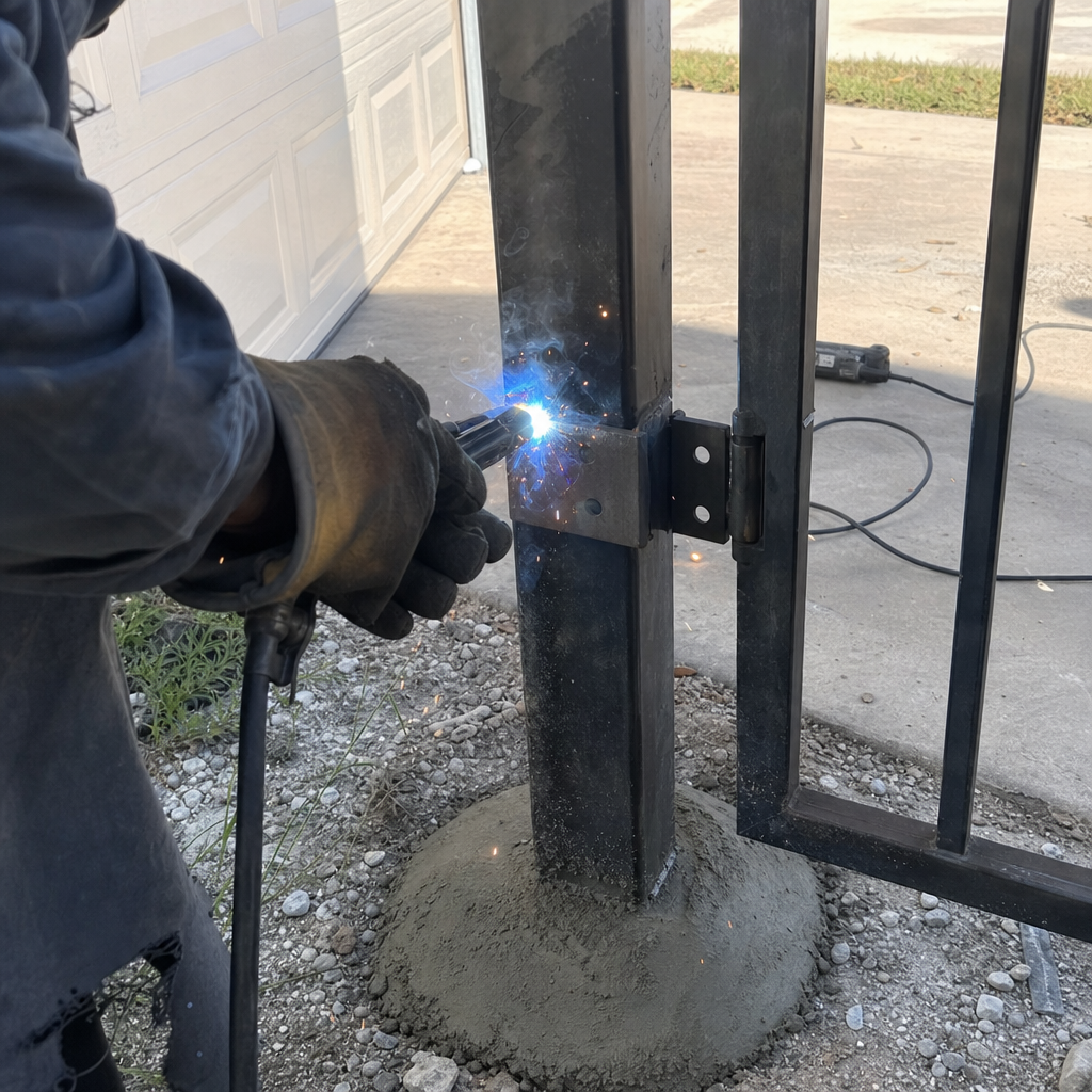 Professional welding metal gate hinges for secure residential gate installation