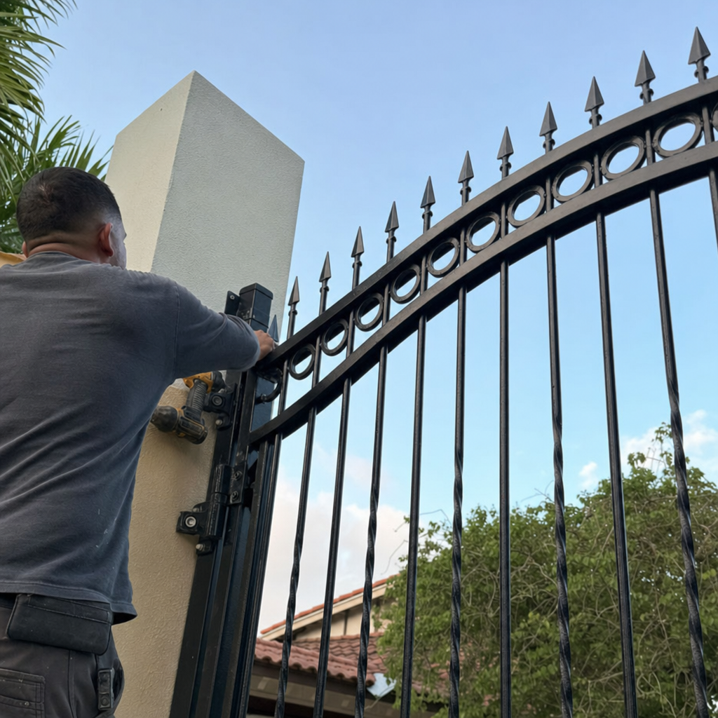 Professional contractor installing a custom metal security gate with power tools