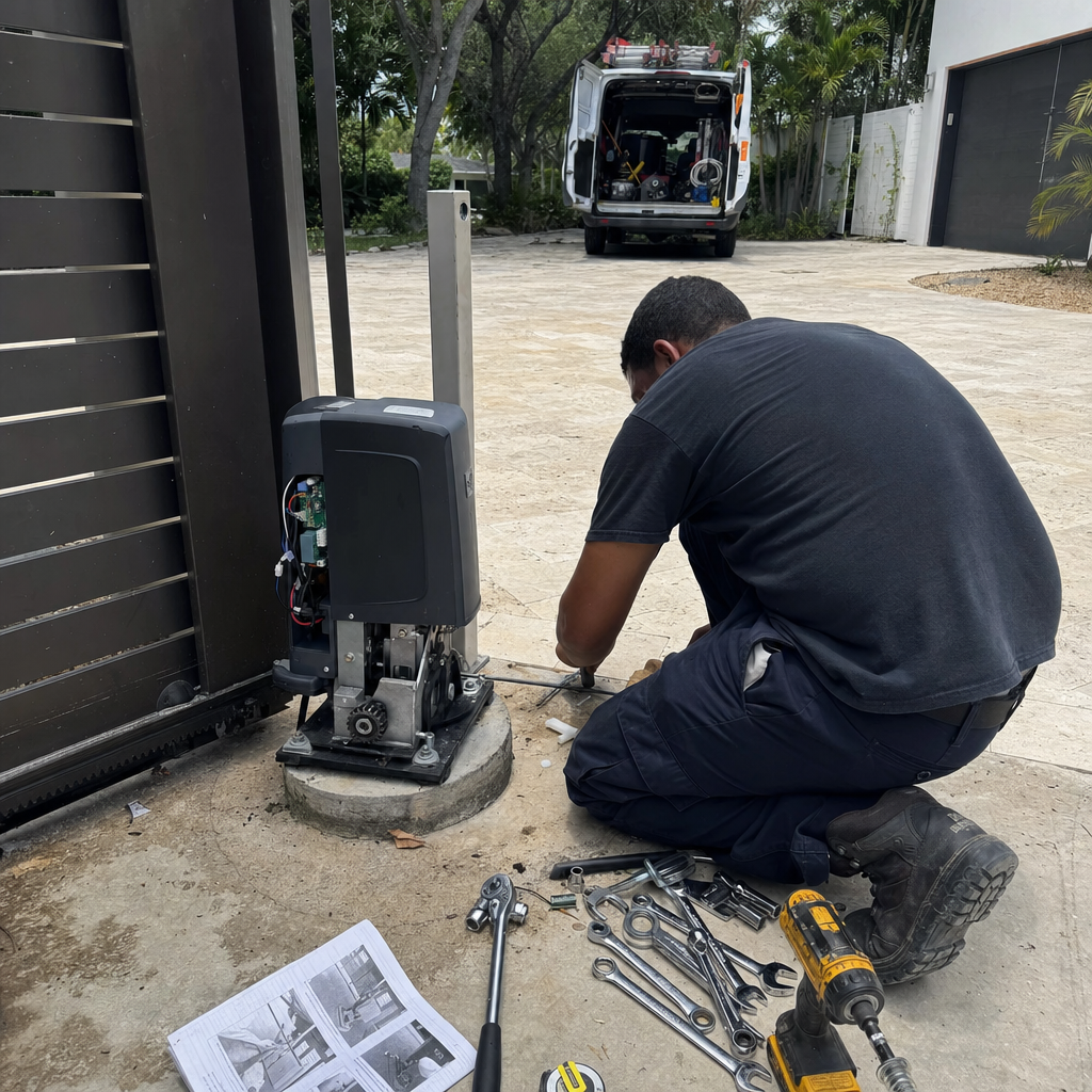 Technician performing professional automatic gate motor and opener repair