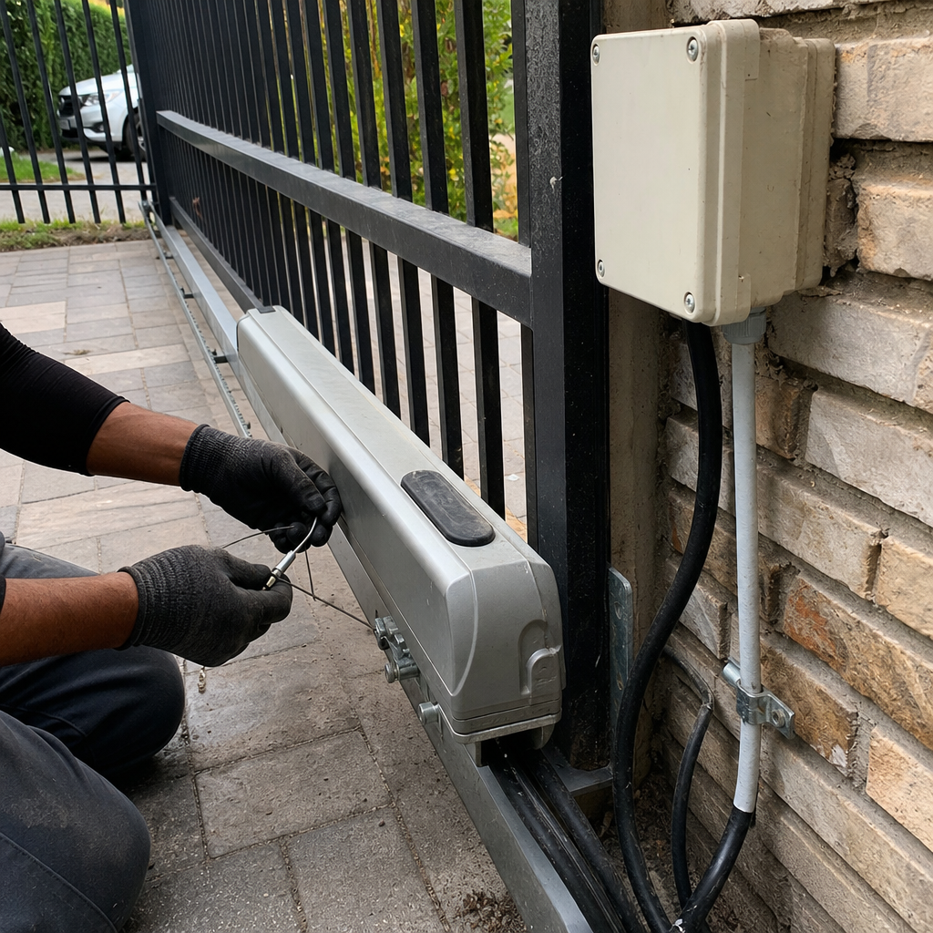 Technician performing professional gate motor and opener repair service