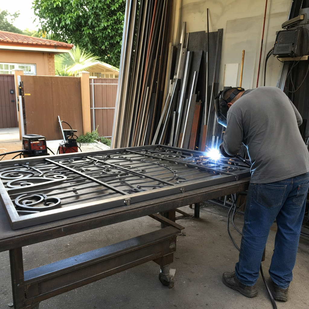 Professional welder performing custom gate repair and metal fabrication.