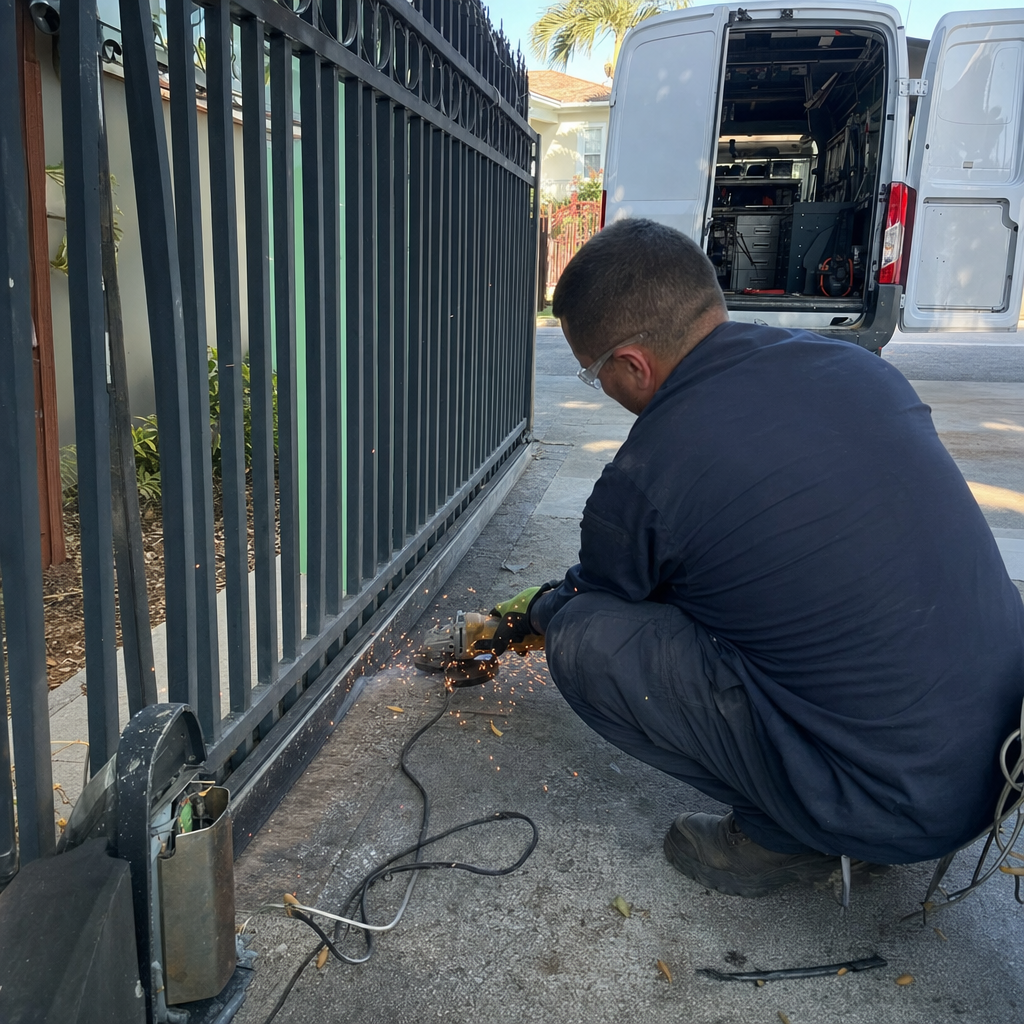 Technician using an angle grinder to perform professional metal gate repair