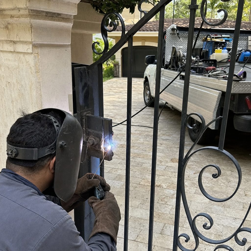Professional technician performing onsite metal gate repair and welding