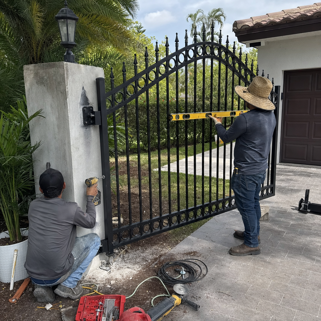Two technicians professionally installing a decorative metal driveway gate.