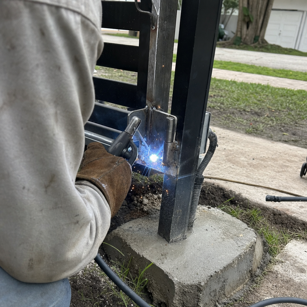 professional welding a heavy-duty metal gate hinge