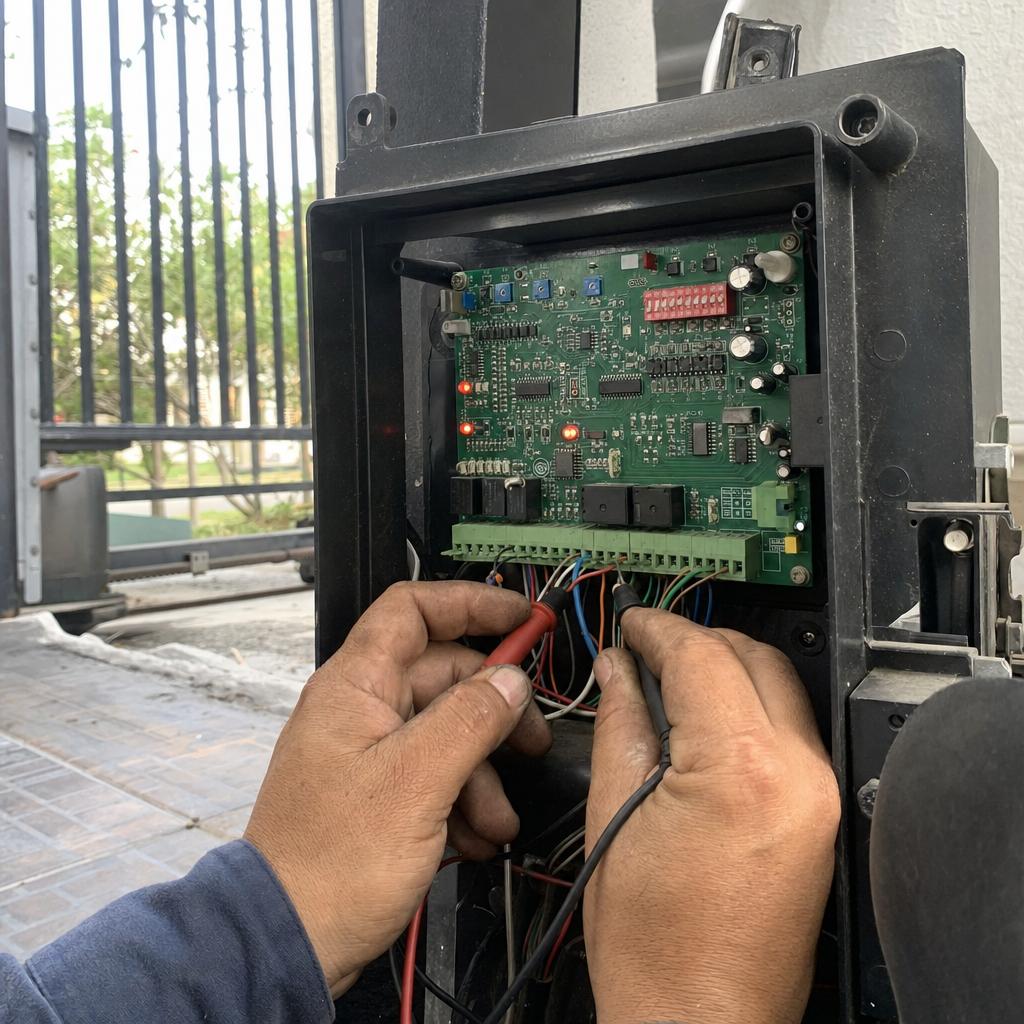 Technician using a multimeter to repair an automatic gate motor control board
