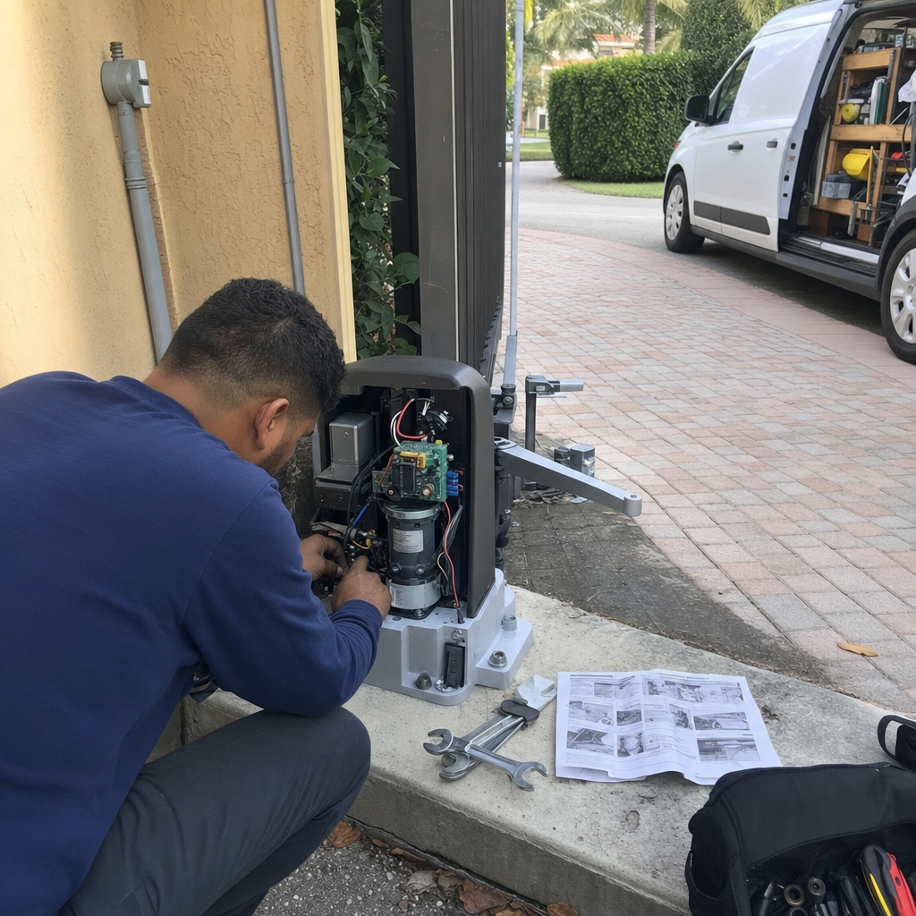 Technician performing professional automatic gate motor and opener repair