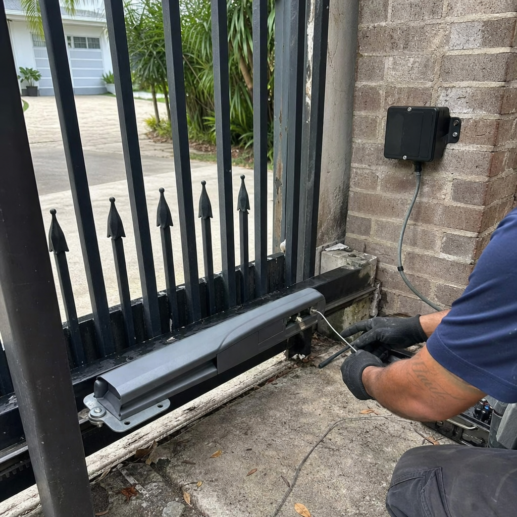 Technician performing professional gate motor and opener repair services