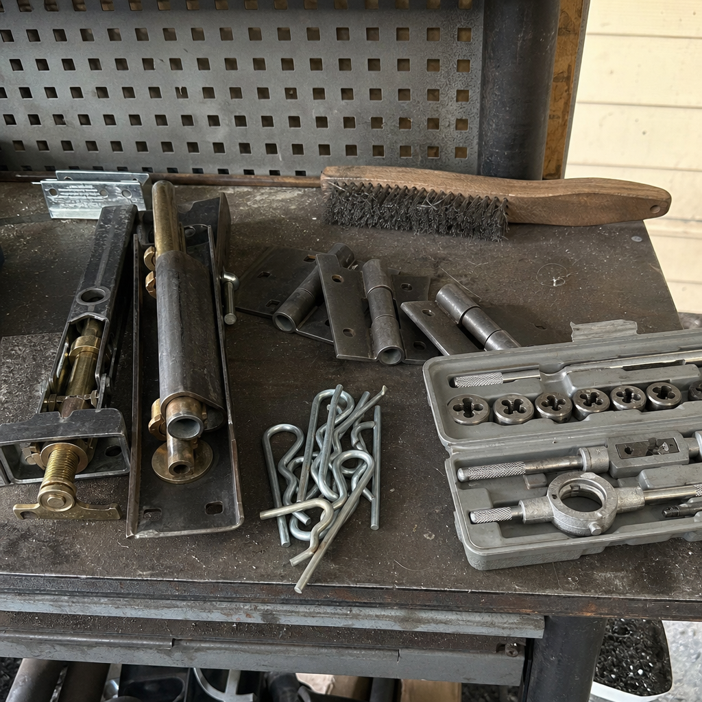 Assortment of metal gate hinges, hardware, and welding tools on workbench in Florida, FL