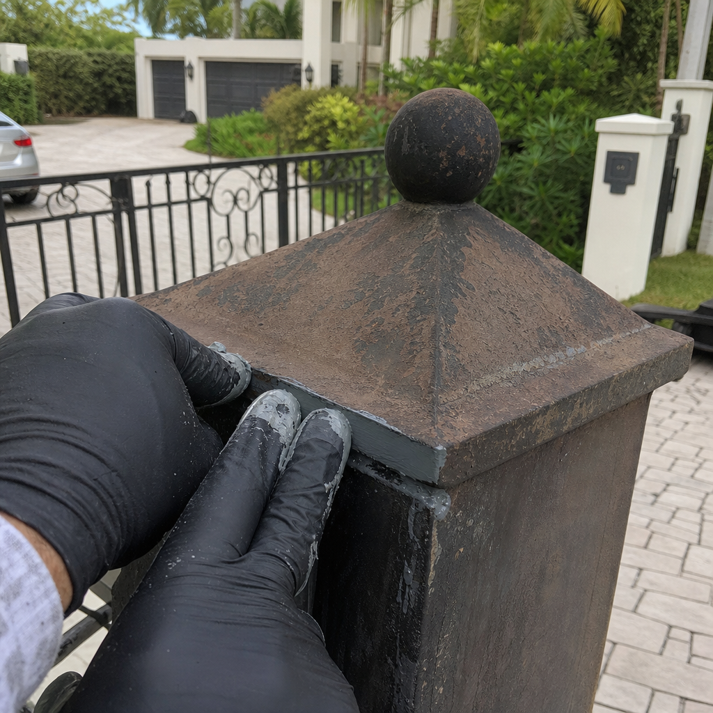 Professional repairing a metal gate post with sealant