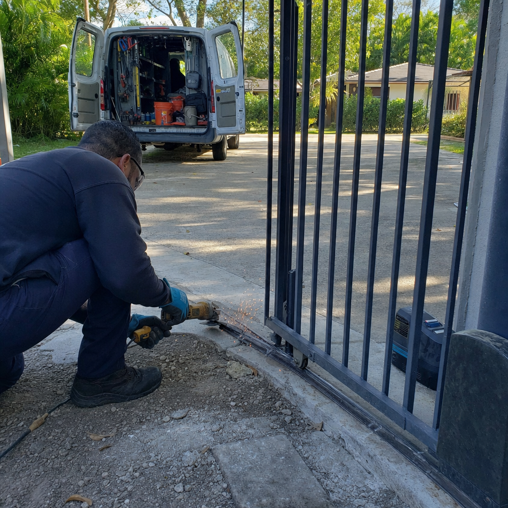 Technician using an angle grinder for professional metal gate repair