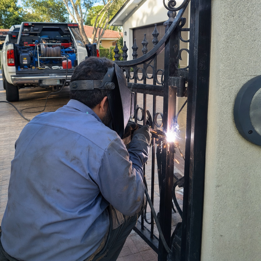 Professional welder performing gate repair and metal fence maintenance services